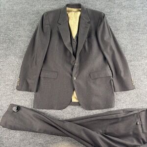Vintage Bill Blass Suit Men 46R 40x30 Taupe Striped Pleated 3 Piece Vest Set